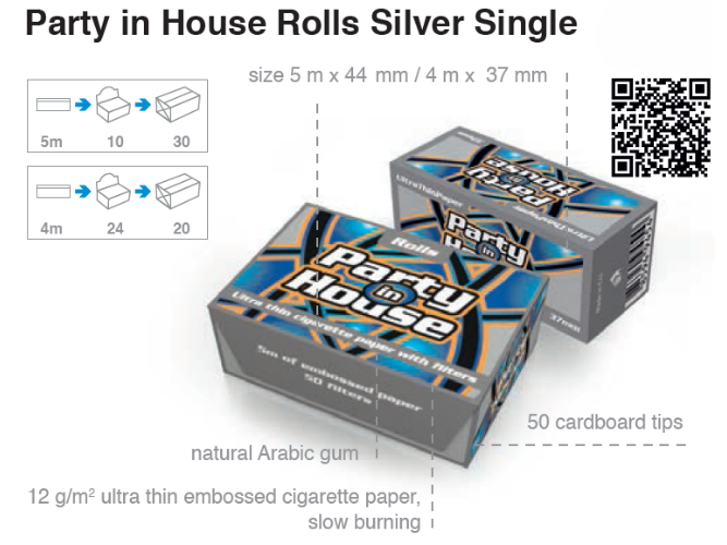 Бумага для самокруток Party in House Rolls Silver+типс ( 5m*10)